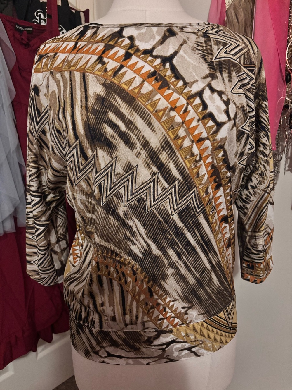 Chico's Mixed Animal Geometric Print Blouse Top Smocked Waist Size 0 Small